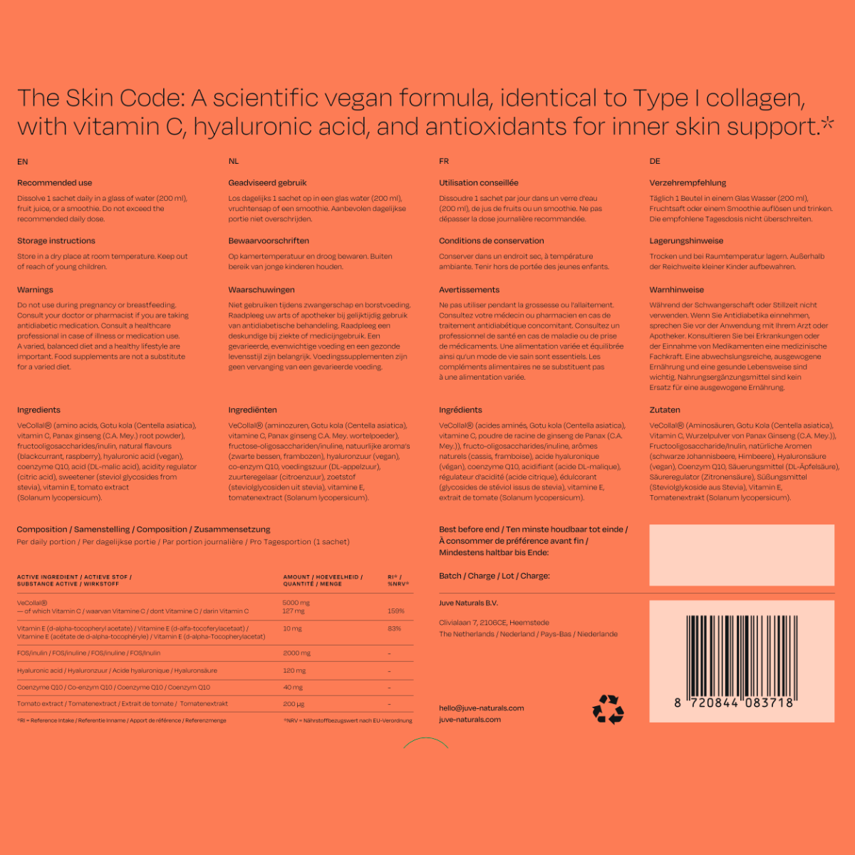 Achterzijde van The Skin Code verpakking met voedingsinformatie en ingrediëntenlijst